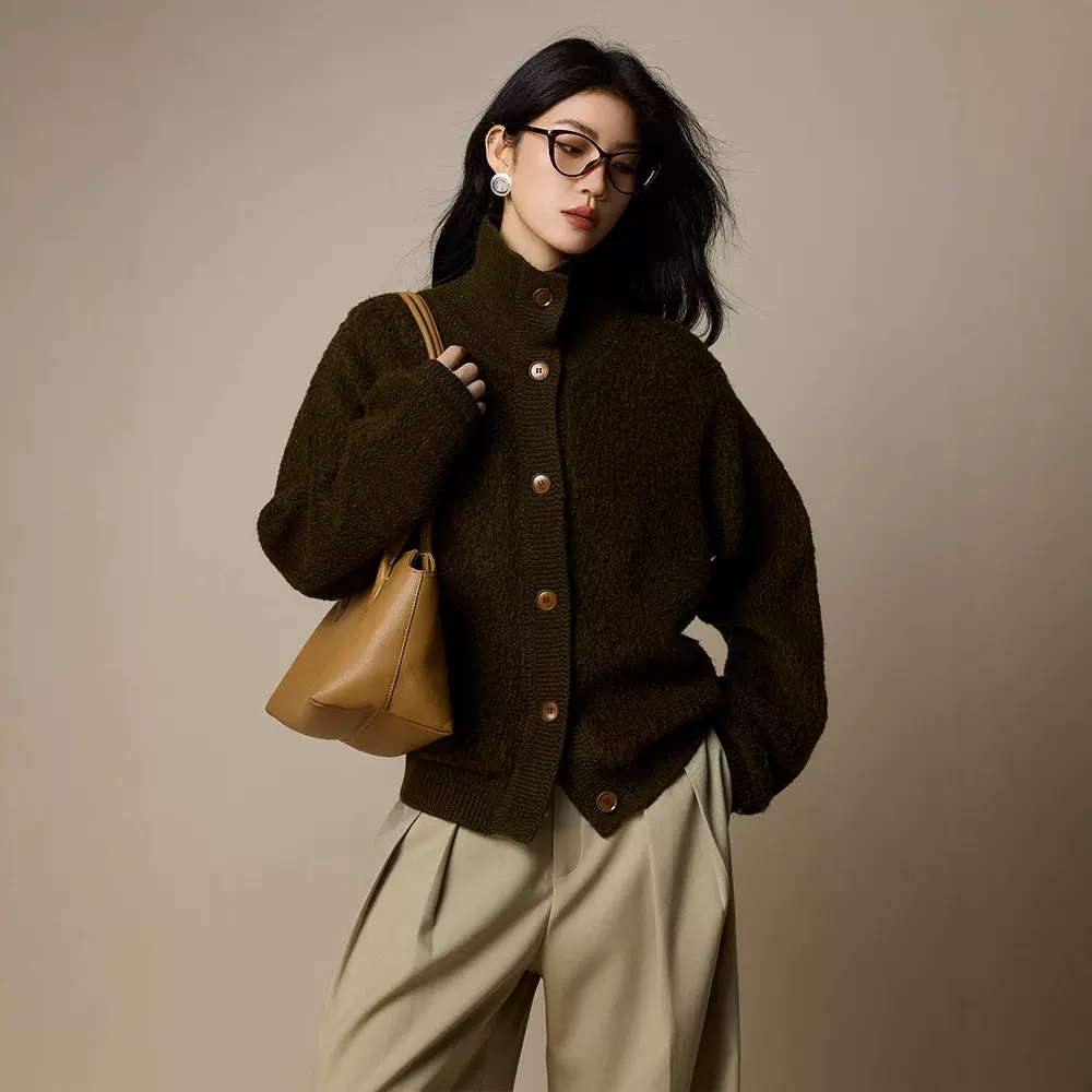 美拉德圈圈纱100羊毛毛衣女秋冬外套25新款女装厚款高领针织开衫