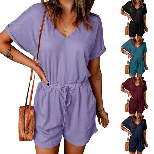 Women's Summer European and American Fashion Hot Selling Casual V-Neck Flared Sleeve Pocket Bodysuit