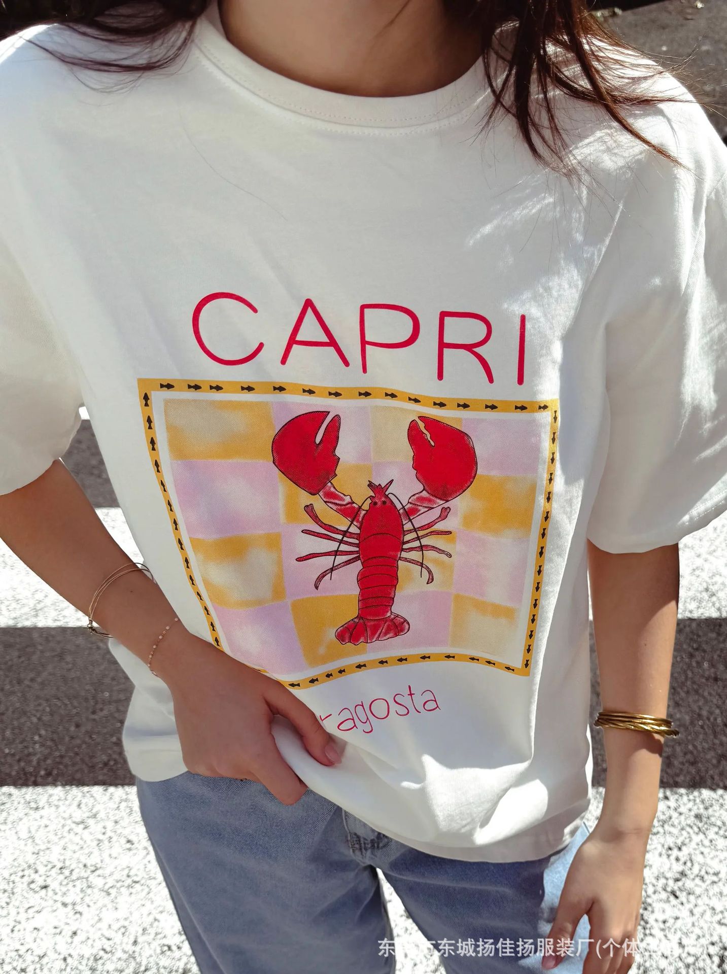 American-Style Casual Cool and Stylish Cover-Up Lobster Print 2026 Summer New 100% Pure Cotton Short-Sleeve Hip-Hop Top for Women
