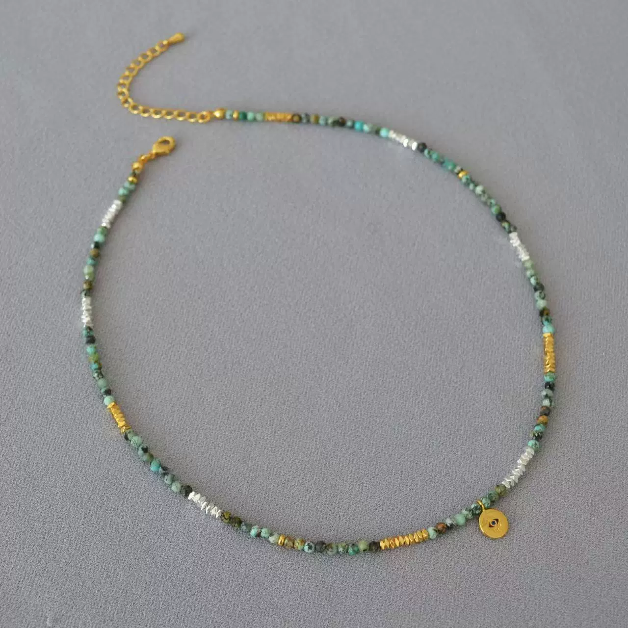 复古绿松石碎银子串珠土耳其眼睛叠戴吊坠地中海的浪漫文艺项链女