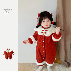 寶寶拜年服 0-1-2歲中國風女嬰冬裝連體衣加絨爬爬服周歲寶寶衣服
