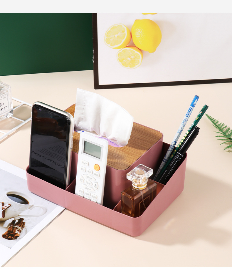 新款木盖纸巾盒家用客厅桌面纸巾盒塑料遥控器分格收纳盒可印logo详情12