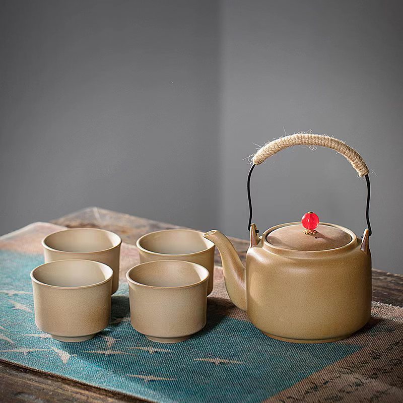 Juego de Té para Preparar con Carbón Vegetal, con Tetera de Cerámica Rústica Vintage, Tetera con Asa Lateral, Jarra, Estilo Chino para Exteriores y Hogar.