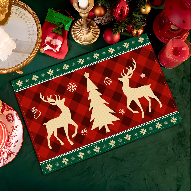 源工場の新しいクリスマス亜麻プリントの食事マットのアイデアクリスマス装飾テーブルマット家庭用断熱テーブルマット|undefined