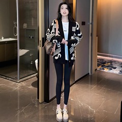 慵懒风时尚印花针织衫女秋季新款时髦洋气加厚外套百搭宽松毛衣潮