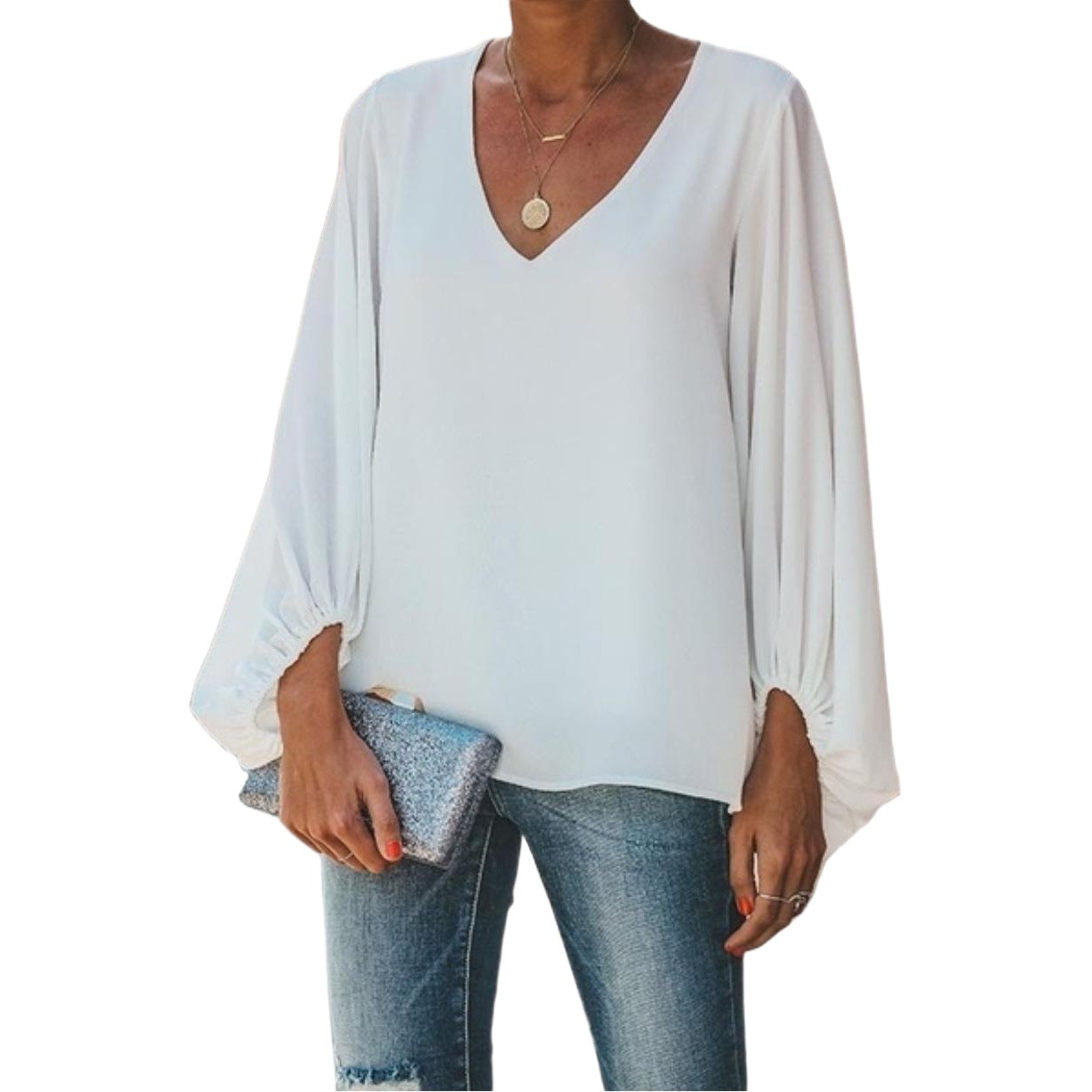 Ropa de Mujer Europea y Americana, Camisa Cruzada de Verano 2025, Nueva, con Cuello en V, Manga Farol, Holgada, de Manga Larga, Talla Grande para Mujer