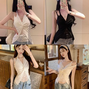Long lace set, top with cups, design tank top, mid-length, cross design, V-neckline