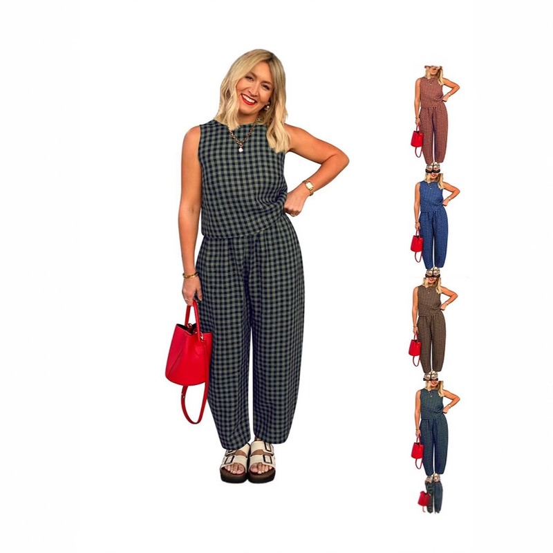 2025 Cross-Border European and American Clothing Amazon Tk New Pure Color Plaid Loose Casual Sleeveless Vest Pants Suit 2025 Cross-Border European and American Clothing Amazon Tk New Pure Color Plaid Loose Casual Sleeveless Vest Pants Suit