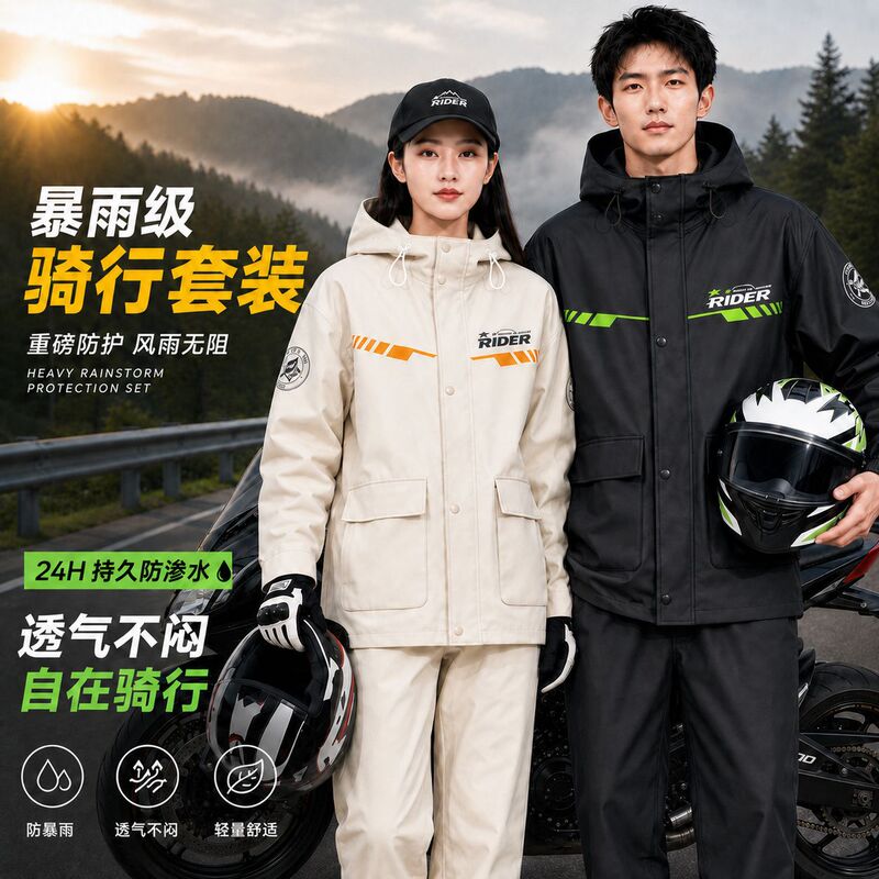 Men's and women's two-piece raincoat and rain pants set, rainproof, for electric motorcycle riding, specifically for delivery riders, cross-border Men's and women's two-piece raincoat and rain pants set, rainproof, for electric motorcycle riding, specifically for delivery riders, cross-border