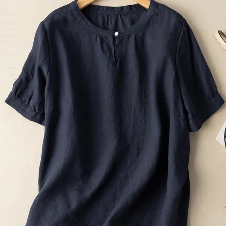 Women's Summer Casual Cotton-Linen Short-Sleeved T-Shirt In A Solid Color, Versatile And Comfortable To Wear; Features A_ecoleips.com