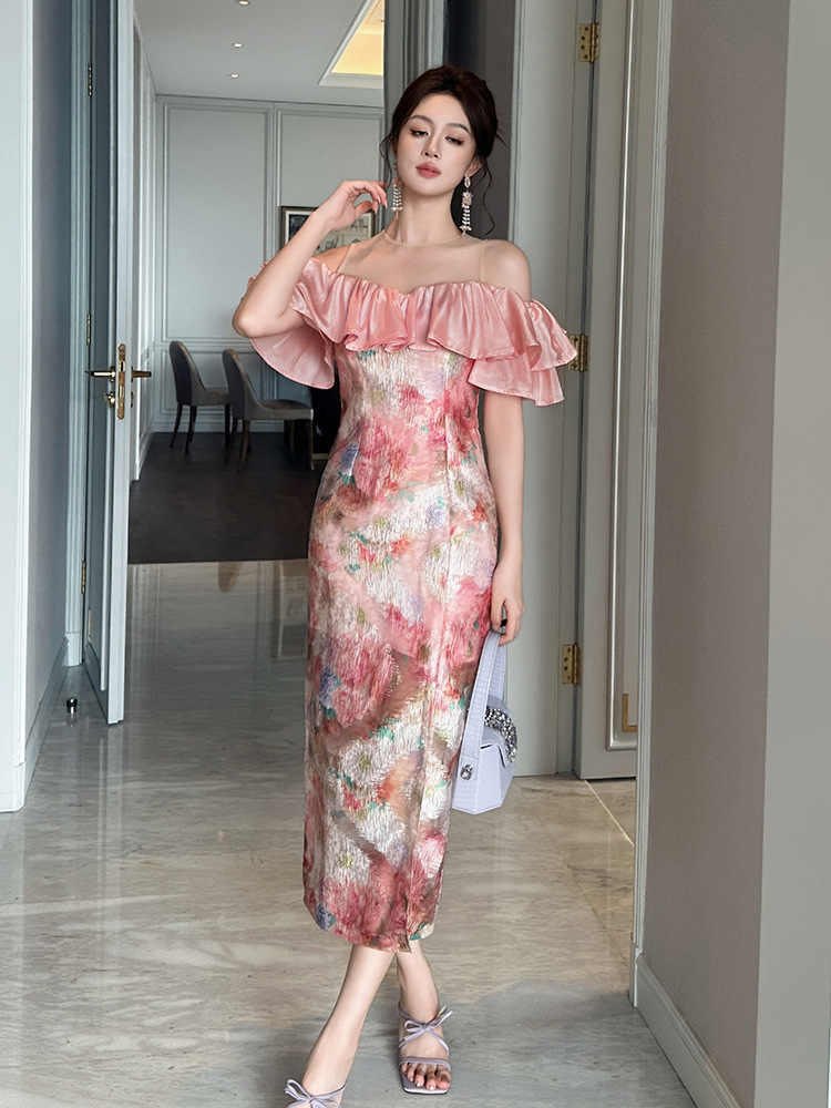 Đầm maxi nữ thiết kế kiểu Pháp trễ vai xếp bèo ôm eo in họa tiết — Màu hồng