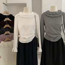 欧玛莱 加厚磨毛绒双层荷叶边喇叭袖纯色内搭打底衫T恤上衣女5589