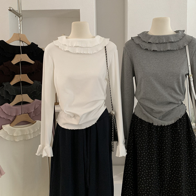 欧玛莱 加厚磨毛绒双层荷叶边喇叭袖纯色内搭打底衫T恤上衣女5589