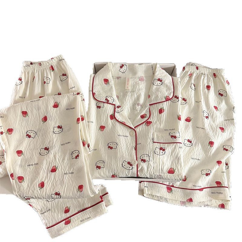 HelloKitty pijama de gasa de algodón puro para mujer verano 2025 nuevo traje de tres piezas de ropa de casa de estudiante lindo de manga corta