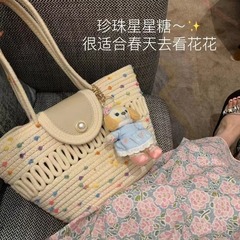 新品编み斜めショルダーバッグショルダーバッグおしゃれシンプルシルクスカーフハンドバッグinsリゾート风籐编みビーチバッグ