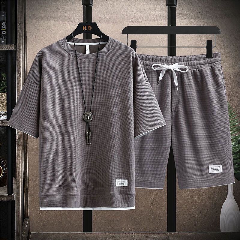 Waffle T-Shirt Men's Short-Sleeved Ice Silk Summer Set of Stylish Casual Sportswear Pants and Sportswear Set for Men Waffle T-Shirt Men's Short-Sleeved Ice Silk Summer Set of Stylish Casual Sportswear Pants and Sportswear Set for Men