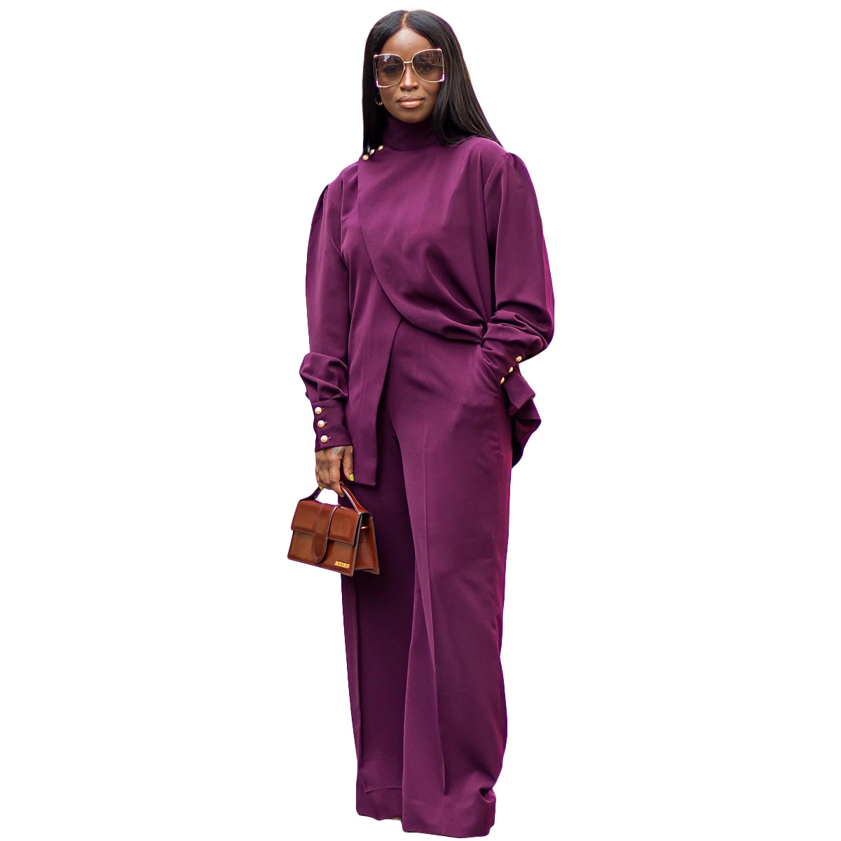 Women's Turtleneck Pant Set Two Piece Long Sleeve Split Outfit_voghion.com