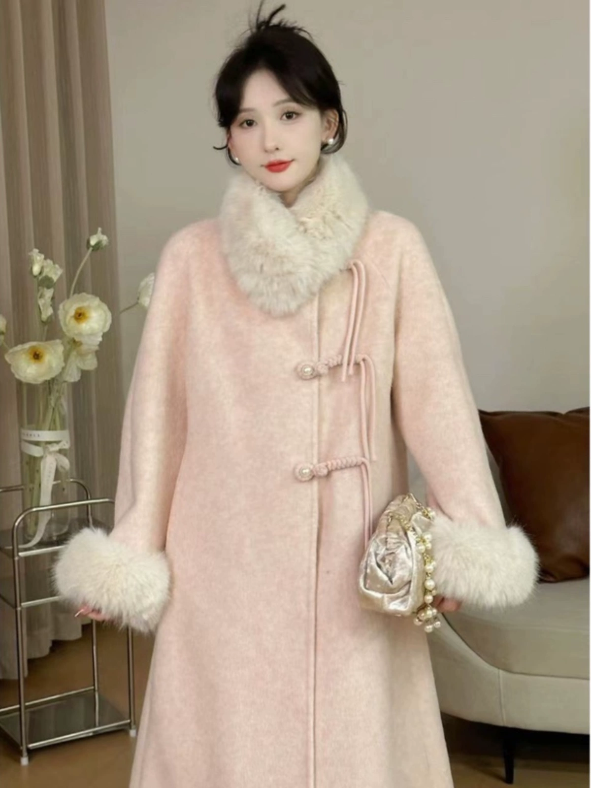 Velvet woolen coat with down, Chinese style, duck down, plus size, fitted