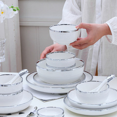 Luxury Silver Edge Bowls and Dishes for Home Use Creative Ins Plates Dinnerware Set Simple Ceramic Bowls and Plates Soup Bowls 