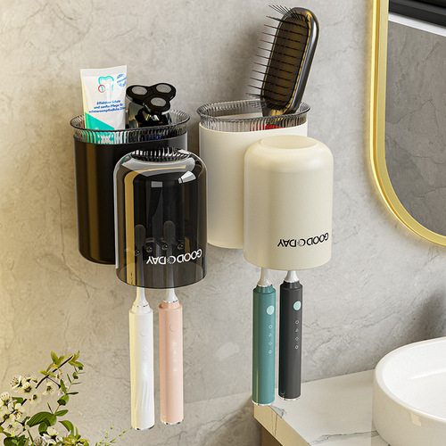 奶油风洗漱杯可挂牙刷单杯牙刷架透明免打孔储物壁挂式牙刷置物架