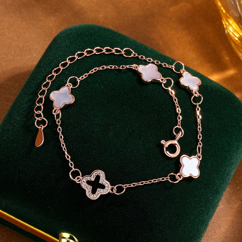 S925 Sterling Silver Natural Agate Four-Leaf Clover Bracelet for Women, Light Luxury, High-End Niche Design, Versatile Hand Jewelry Wholesale