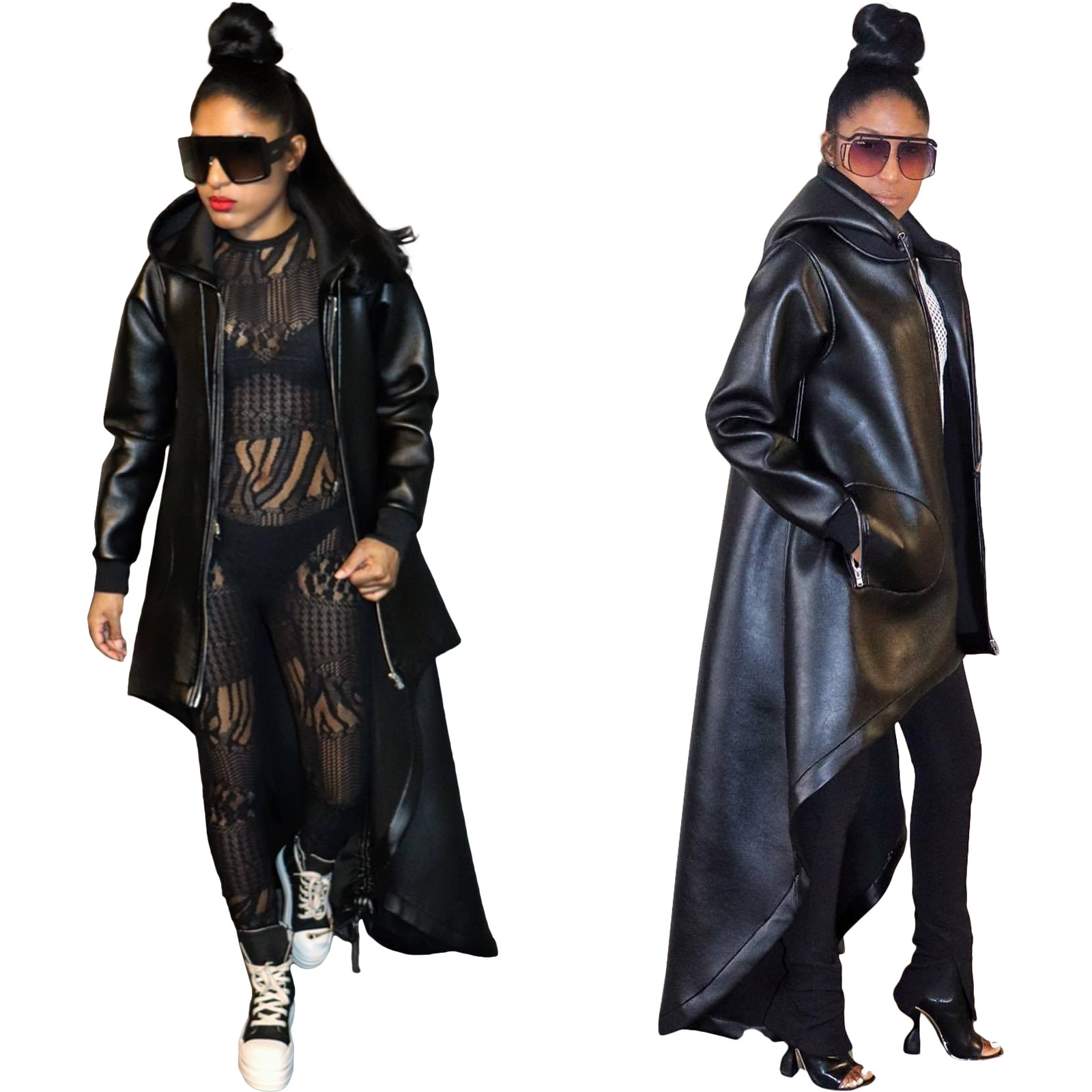 D8648 Autumn/Winter New European and American Style Thickened Pu Long Sleeve Hooded Drawstring Short Front Long Back Cape Jacket in Stock