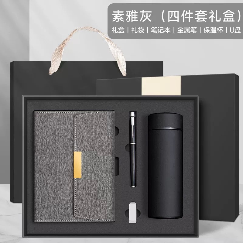Elegante caja de regalo gris: bolígrafo de metal, unidad flash USB y termo
