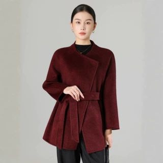 红色短款立领双面羊绒大衣女2026新款秋冬感小个子羊毛呢外套女
