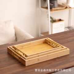 竹製長方形シンプルトレイ、ハンドル付き、レストラン木製食器、焚き火の周りで飲むアフタヌーンティー、軽食トレイ、無垢材