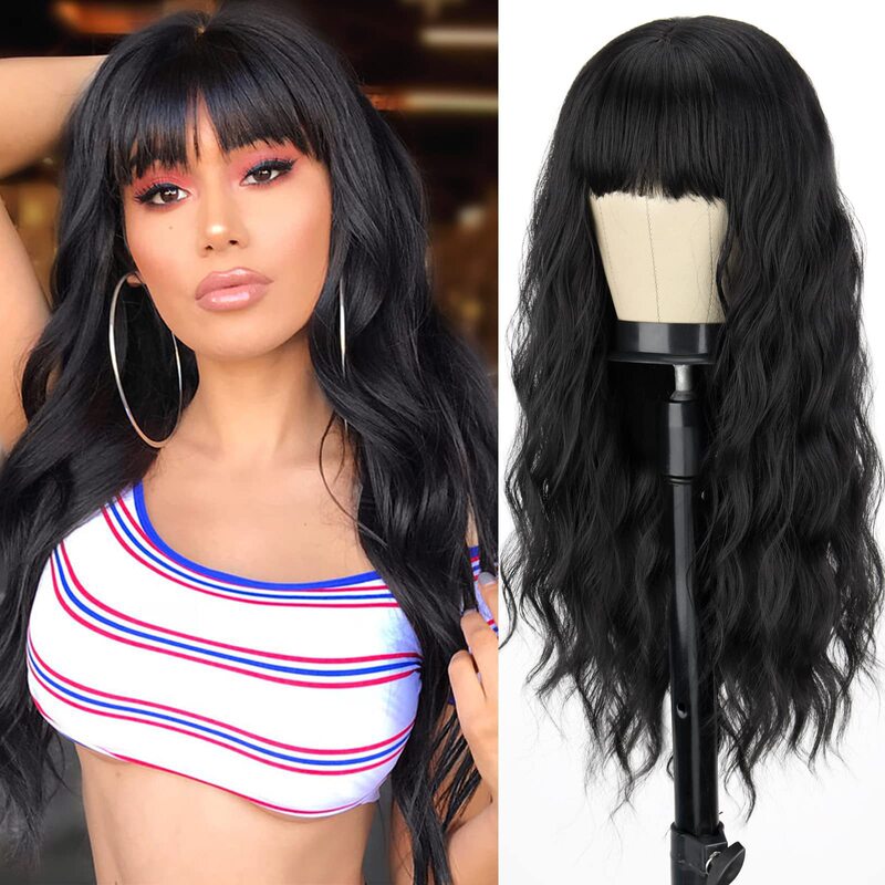 Tiktok foreign trade wig women's multi-color long hair air bangs long curly hair set high temperature silk wool curly head cover