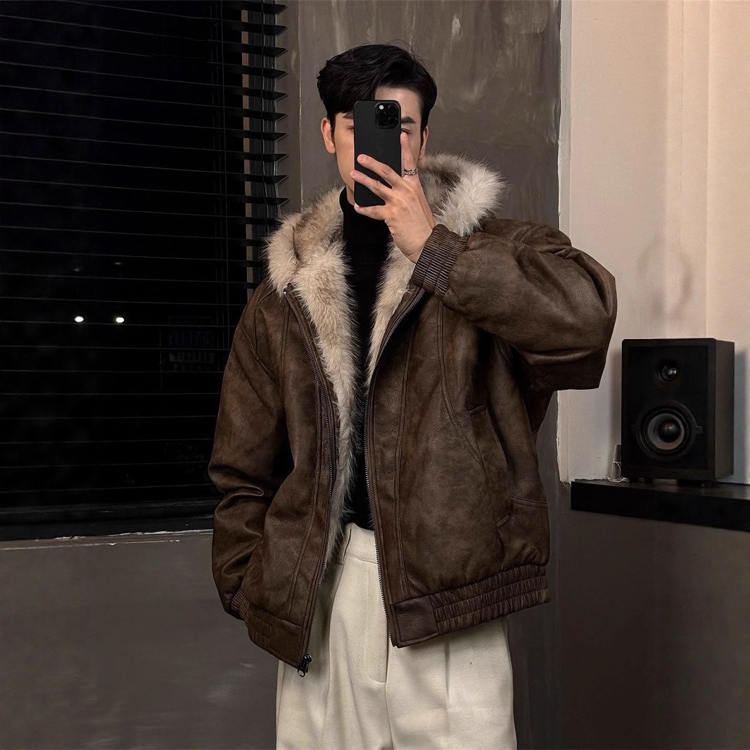 小众座山雕冬季重磅加厚加绒皮毛一体廓形夹棉夹克连帽保暖外套男