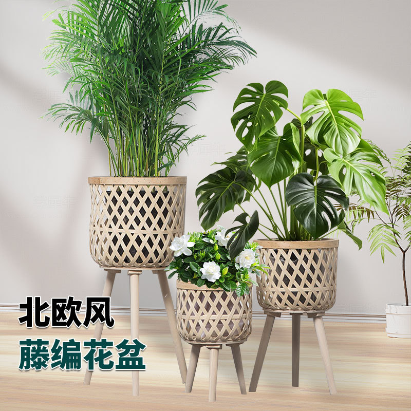 Maceta de ratán de estilo nórdico, balcón interior, sala de estar, planta, eneldo verde, soporte de flores de piso alto de madera tejido a mano