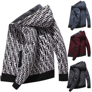 Foreign Trade Amazon 2025 Winter New Men's Velvet Cardigan Sweater Hooded Casual Export Knitted Jacket