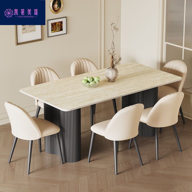 Kk New Wabi-Sabi Mid-Century Style Yellow Travertine Slate Dining Table Simple Home Living Room Design Retro Rectangular Dining Table