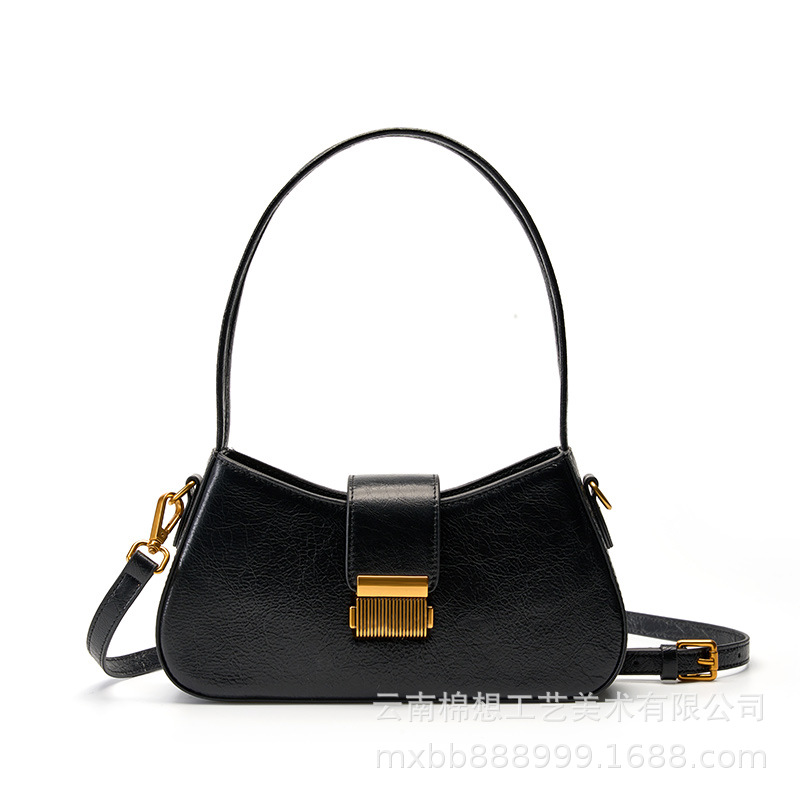 French Niche Design Genuine Leather Retro Underarm Bag For Women, High-End Baguette Handbag, Versatile Simple Trendy Style - Thumbnail 7