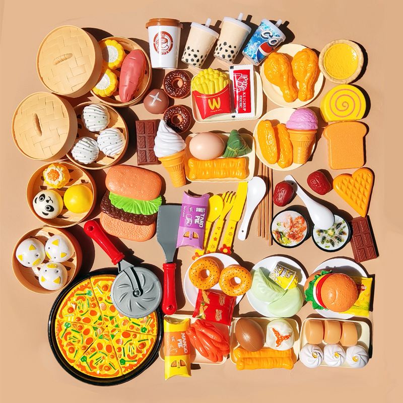 Fábrica al por mayor chino y occidental comida cocina juguetes simulación alimentos juguetes vapor hamburguesa pizza niños jugar casa traje