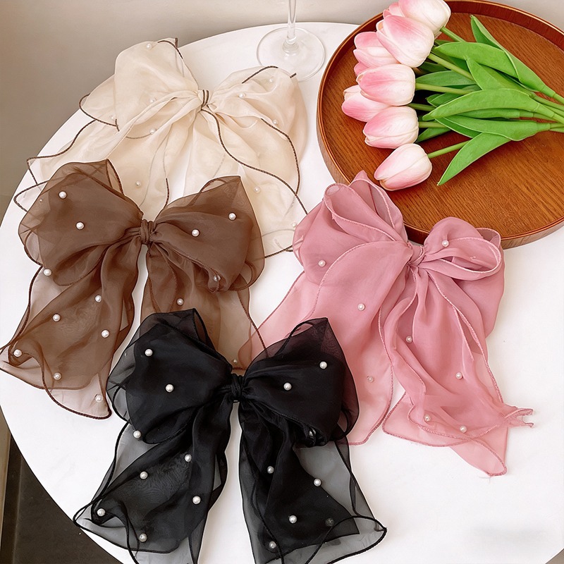 Super Fairy Chiffon Bow Hairpin Women's Back of Head Disc Hair Con Fluffy Hair Display Multi-headdress Korean Style Pearl Top Clip