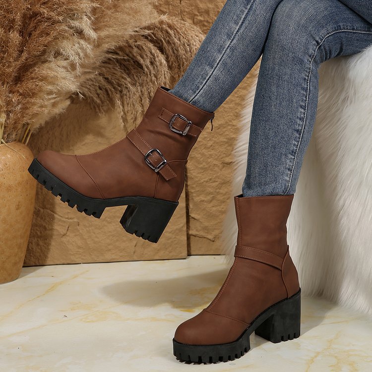 Big size thick heel boots women's autumn and winter fashion belt buckle explosive short boots cotton boots fashion boots_voghion.com