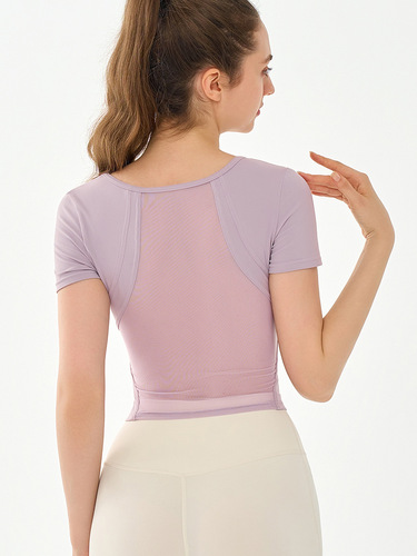 Women's Yoga Top with Side Seam for Summer, Beautiful Back Design, Short-Sleeve T-Shirt with Back Mesh for Breathability and Athletic Wear