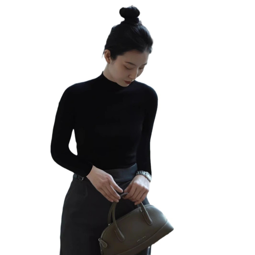 (2개) 프랑스 스타일의 검은 반 높이 목베이스 셔츠 여성의 가을과 겨울 새로운 내부 어깨 니트 셔츠 슬림 핏 하이 엔드 넥 헤어