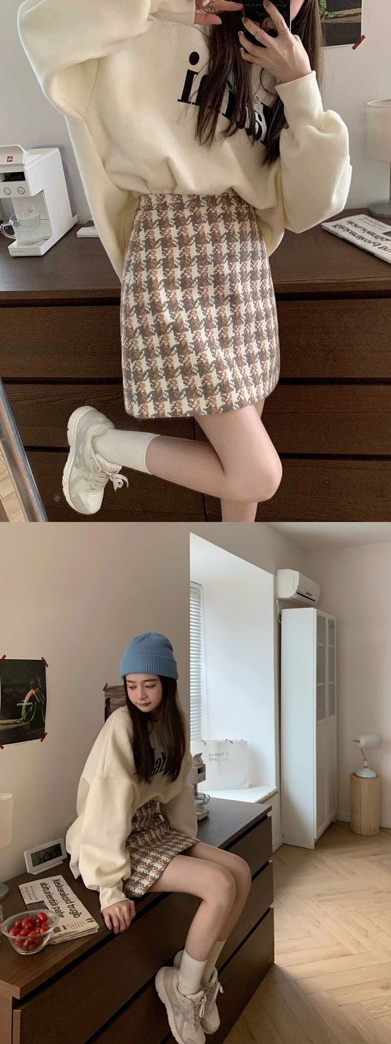 Women's High Waist Houndstooth Woolen Skirt Image 2
