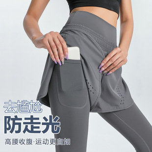 New Yoga Pants Women's High Waist Fake Two-piece Abdominal Fitness Pants Quick-drying Outer Wear Tight Running Pants Cross-Border
