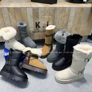 桑坡雪地靴女厚底高筒冬季皮带扣骑士靴4cm增高防滑保暖加绒加厚