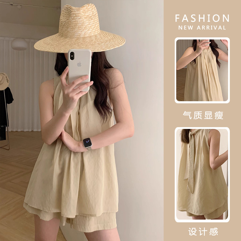 Pregnant Women's New Summer Refreshing High-End Design Sleeveless Top + No Support Belly Drawstring Shorts