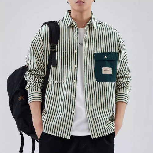 Men's Spring and Autumn New Retro Striped Long Sleeve Shirt Trendy Collar Shirt Colorful High-End Casual Matchable Top