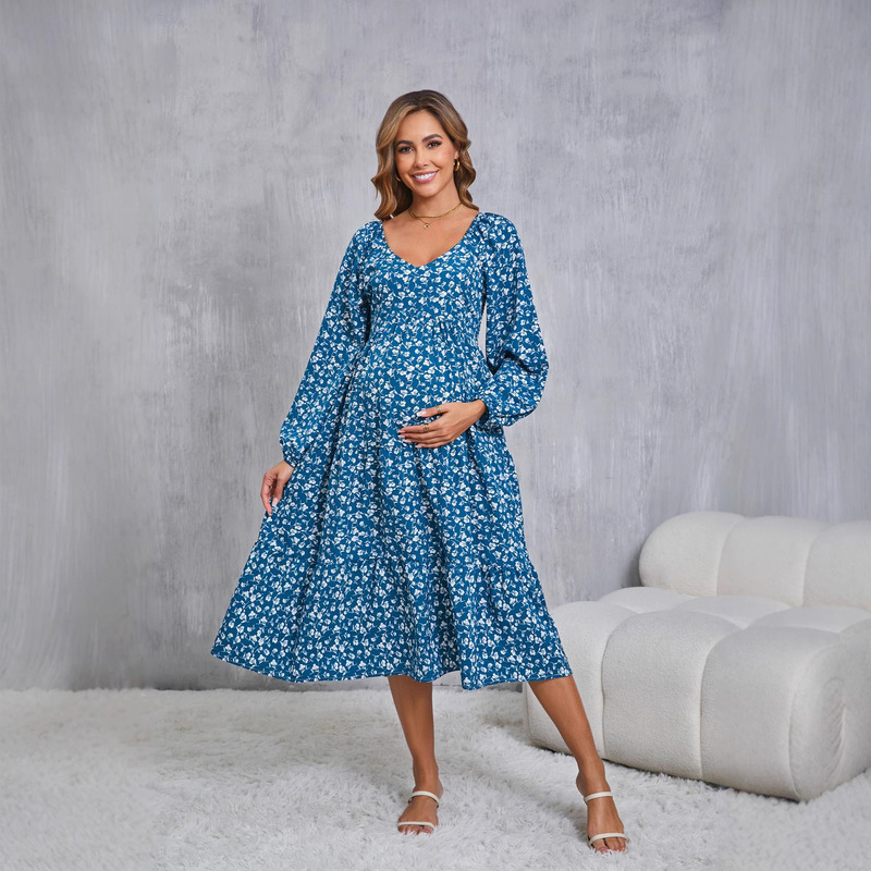 2025 New Cross-Border Spring Amazon Bohemian V Neck Chiffon Floral Large Hem Long-Sleeved Dress Maternity Dress