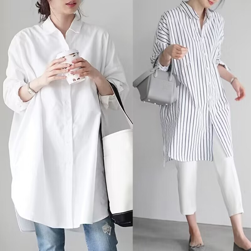 2024 Hot Style White Shirt Women's Long-Sleeved New Mid-Length Style Lazy Loose Design Shirt