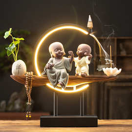 创意灯圈陶瓷小和尚倒流香炉禅意人物家居摆件客厅玄关装饰熏香炉