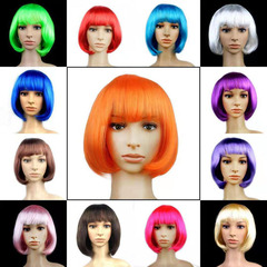カラフルなハロウィン用ショートボブウィッグ、エアーバング付きボブヘアに合わせたクロスボーダーヘアウィッグ