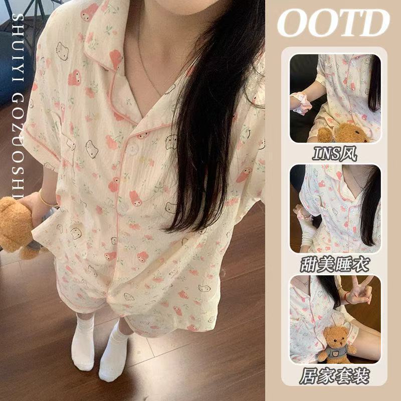 Niña linda solapa pijama de gasa mujer verano oso algodón y lino pantalones cortos de manga corta camisón traje de servicio a domicilio simple image 15